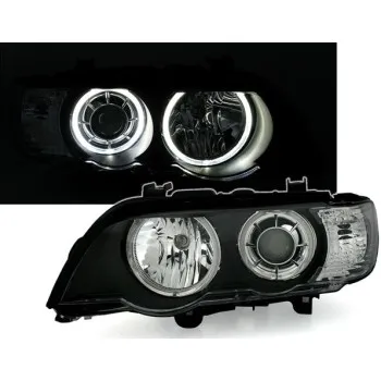 Φανάρια εμπρός BMW X5 με εργοστασιακά xenon (1999-2003) angel eyes - μαύρα , με λάμπες (Η7) - σετ 2τμχ.