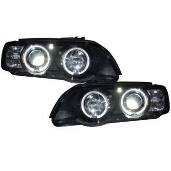 Φανάρια εμπρός BMW X5 (1999-2003) angel eyes - μαύρα , με λάμπες (Η1) - σετ 2τμχ.