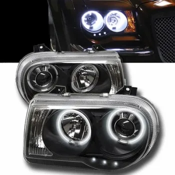 Φανάρια εμπρός Chrysler 300C (2004-2008) angel eyes με led - μαύρα , με λάμπες (Η1) - σετ 2τμχ.
