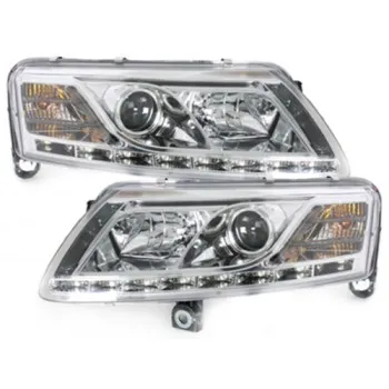 Φανάρια εμπρός Audi A6 με φώτα ημέρας led (2004-2007) - chrome , με λάμπες (Η1) - σετ 2τμχ.