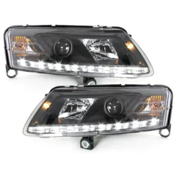 Φανάρια εμπρός Audi A6 με φώτα ημέρας led (2004-2007) - μαύρα , χωρίς λάμπες (Η7) - σετ 2τμχ.