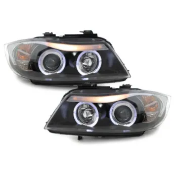 Φανάρια εμπρός BMW E90 (2005-2008) angel eyes - μαύρα , με λάμπες (Η1) - σετ 2τμχ.