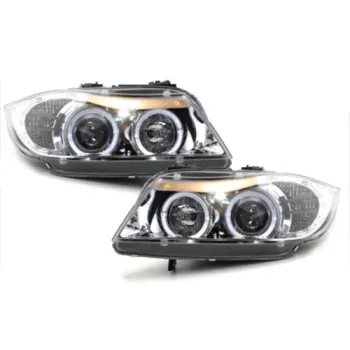 Φανάρια εμπρός BMW E90 (2005-2008) angel eyes - chrome , με λάμπες (Η1) - σετ 2τμχ.