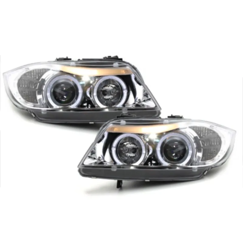 Φανάρια εμπρός BMW E90 (2005-2008) angel eyes - chrome , με λάμπες (Η1) - σετ 2τμχ.