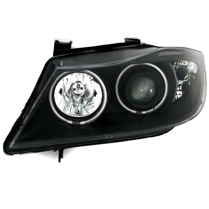 Φανάρια εμπρός BMW E90(2005-2009) angel eyes - μαύρα , με λάμπες (Η1) - σετ 2τμχ.