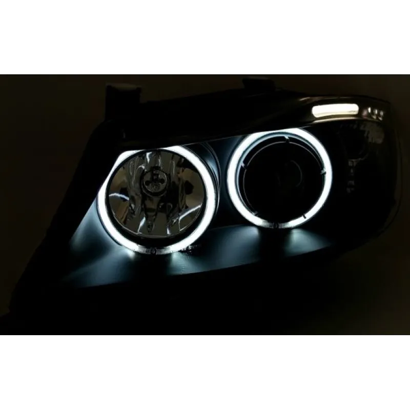 Φανάρια εμπρός BMW E90(2005-2009) angel eyes - μαύρα , με λάμπες (Η1) - σετ 2τμχ.