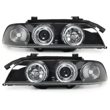Φανάρια εμπρός BMW E39 (1995-2003) angel eyes - μαύρα , με λάμπες (Η1) - σετ 2τμχ.