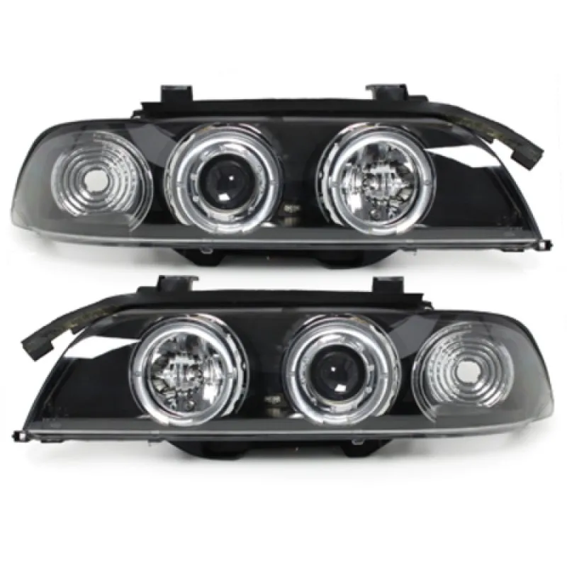 Φανάρια εμπρός BMW E39 (1995-2003) angel eyes - μαύρα , με λάμπες (Η1) - σετ 2τμχ.
