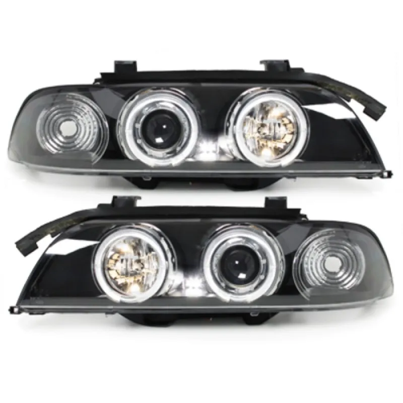Φανάρια εμπρός BMW E39 (1995-2003) angel eyes - μαύρα , με λάμπες (Η1) - σετ 2τμχ.