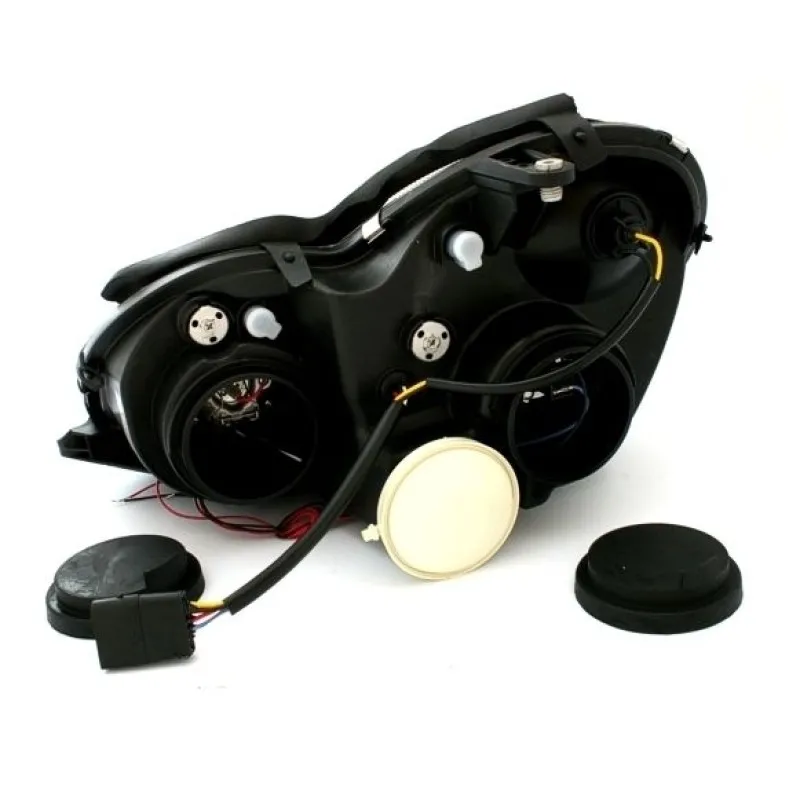 Φανάρια εμπρός Mercedes C-CLASS W203 sedan (2000-2004) - με angel eyes , μαύρα , με λάμπες (Η1) - σετ 2τμχ.