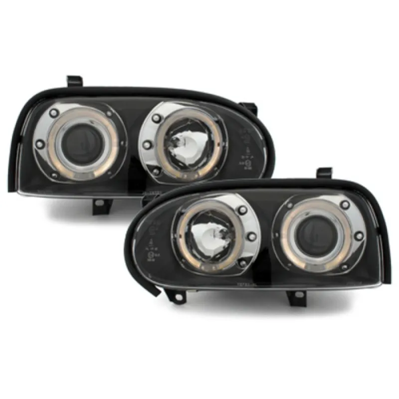 Φανάρια εμπρός Vw Golf ΙΙΙ angel eyes - black , με λάμπες (Η1) - σετ 2τμχ.