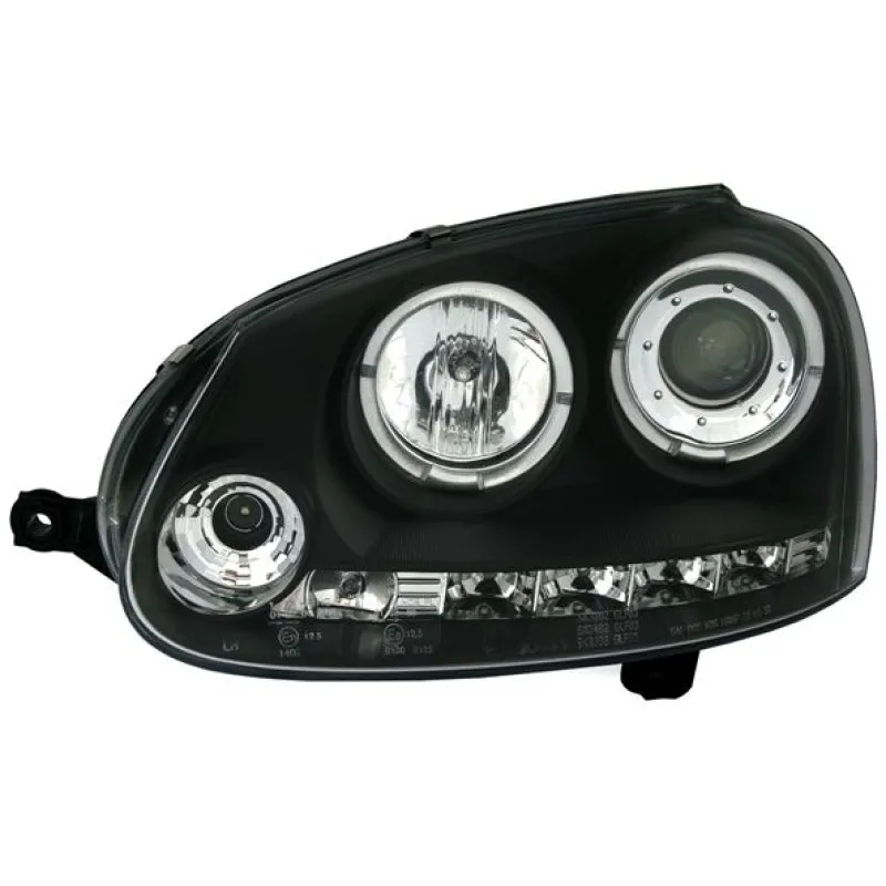 Φανάρια εμπρός Vw Golf 5 angel eyes, μαύρα , με λάμπες (Η1) - σετ 2τμχ.