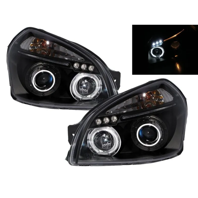 Φανάρια εμπρός Hyundai Tucson (2004-2010) angel eyes - μαύρα , με λάμπες (Η1) - σετ 2τμχ.