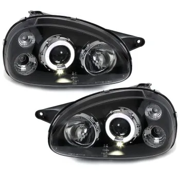 Φανάρια εμπρός Opel Corsa B (1993-2001) angel eyes - black , με λάμπες (Η1) - σετ 2τμχ.