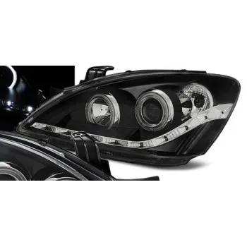 Φανάρια εμπρός Mitsubishi Lancer (2004-2007) angel eyes - μαύρα , με λάμπες (Η1) - σετ 2τμχ.