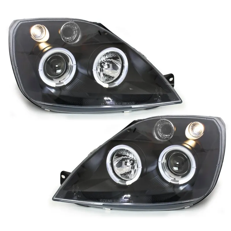 Φανάρια εμπρός Ford Fiesta (2002-2005) angel eyes -μαύρα , με λάμπες (Η1) - σετ 2τμχ.
