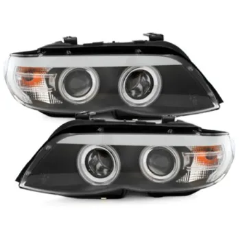 Φανάρια εμπρός BMW X5 (2003-2007) angel eyes - μαύρα , με λάμπες (Η1) - σετ 2τμχ.