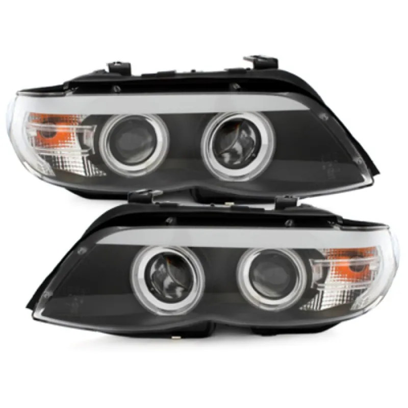 Φανάρια εμπρός BMW X5 (2003-2007) angel eyes - μαύρα , με λάμπες (Η1) - σετ 2τμχ.