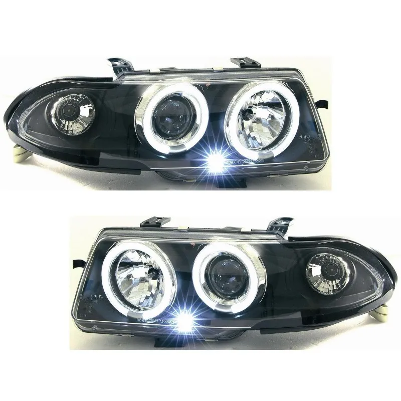 Φανάρια εμπρός Opel Astra F (1994-1999) angel eyes - μαύρα , με λάμπες (Η1) - σετ 2τμχ.