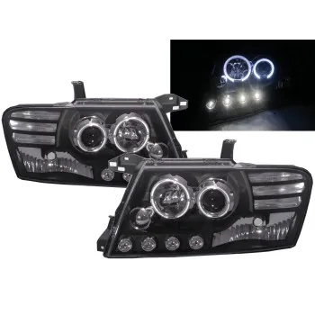 Φανάρια εμπρός Mitsubishi Pajero (2001-2006) angel eyes - μαύρα , με λάμπες (Η1) - σετ 2τμχ.
