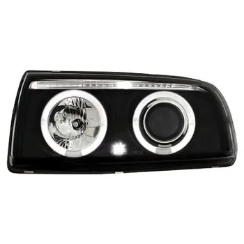 Φανάρια εμπρός Vw Vento (1991-1998) angel eyes - μαύρα , με λάμπες (Η1) - σετ 2τμχ.