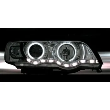 Φανάρια εμπρός BMW X5 (1999-2003) με φώτα ημέρας και angel eyes - μαύρα , με λάμπες (Η1) - σετ 2τμχ.