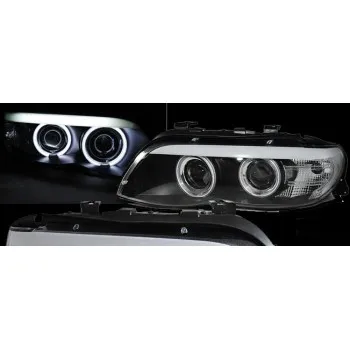 Φανάρια εμπρός BMW X5 (2003-2007) angel eyes - black , με λάμπες (Η1) - σετ 2τμχ.