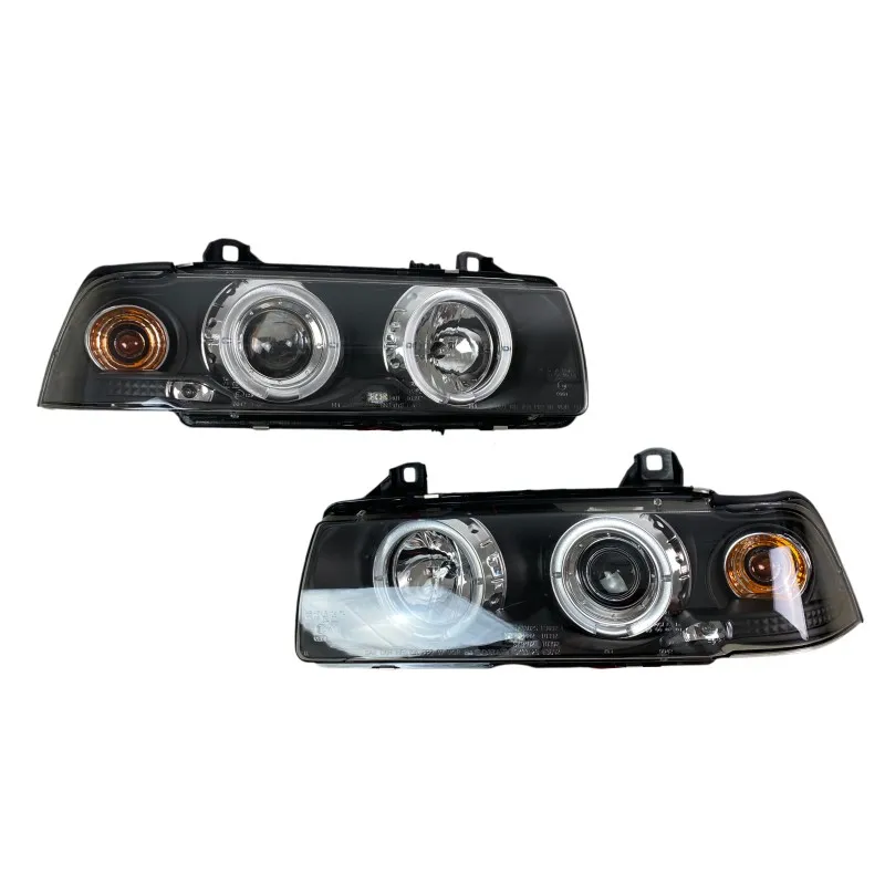Φανάρια εμπρός BMW E36 (1991-1999) 4d sedan angel eyes - black , με λάμπες (Η1) - σετ 2τμχ.