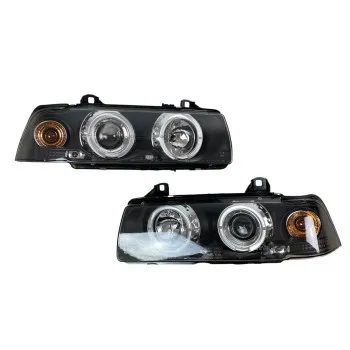 Φανάρια εμπρός BMW E36 (1991-1999) 2d coupe angel eyes - μαύρα , με λάμπες (Η1) - σετ 2τμχ.