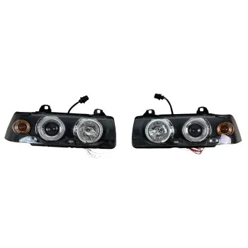 Φανάρια εμπρός BMW E36 (1991-1999) 2d coupe angel eyes - μαύρα , με λάμπες (Η1) - σετ 2τμχ.