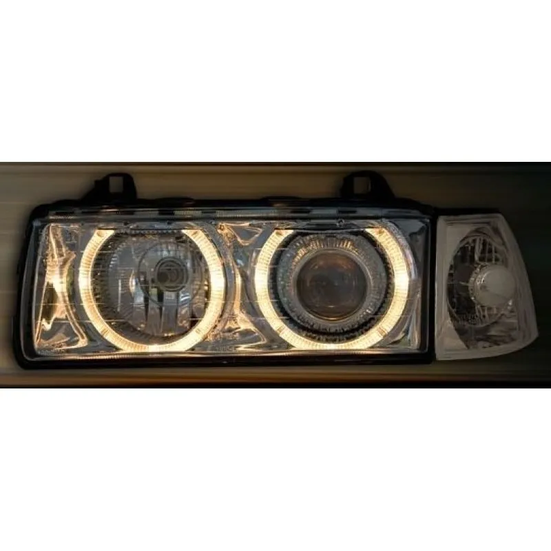 Φανάρια εμπρός BMW E36 (1991-2000) 4d sedan angel eyes - chrome , χωρίς λάμπες (Η7) - σετ 2τμχ.