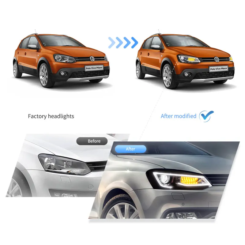 Φανάρια εμπρός Vw Polo (2009-2017) led μαύρα, χωρίς λάμπες (D2S) - σετ 2τμχ.