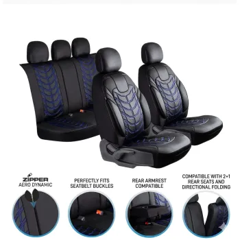 3D Δερμάτινα καλύμματα καθισμάτων Streetech Classy - μαύρο χρώμα με μπλε λεπτομέρειες