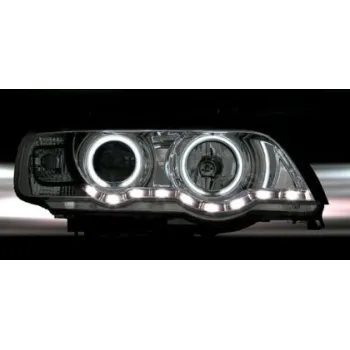 Φανάρια εμπρός με φώτα ημέρας led και angel eyes για BMW X5 (1999-2003) - μαύρα , με λάμπες (Η1) - σετ 2τμχ.